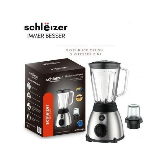 schlëizer خلاط 600 واط، 5 سرعات مع وظيفة تكسير الثلج، جرة زجاجية بسعة 1.5 لتر + مطحنة توابل