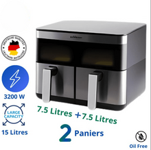 Charger l'image dans la galerie, Friteuse / airfryer électrique sans huile 15L(7,5+7,5L) / MAX3200W - tactile - 2 paniers -schlëizer