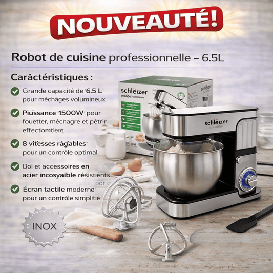 Robot Pâtissier Professionnel Schleizer – Bol Inox 8L – Puissance 1300W – Stable & Silencieux