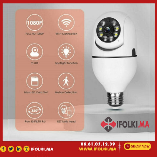 كاميرا مراقبة 360 درجة وايفي و بطاقة الداكرة Caméra Ip Wifi Lampe Full Hd