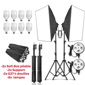 2 Softbox 50x70cm ,8 lampes, 2 Tripied 200cm