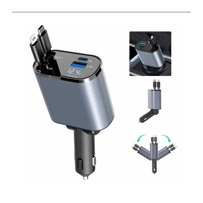 شاحن سريع للهاتف Adaptateur allume-cigare de voiture 4 en 1 charge rapide chargeur de téléphone de voiture avec câble rétractable 100W multi-port