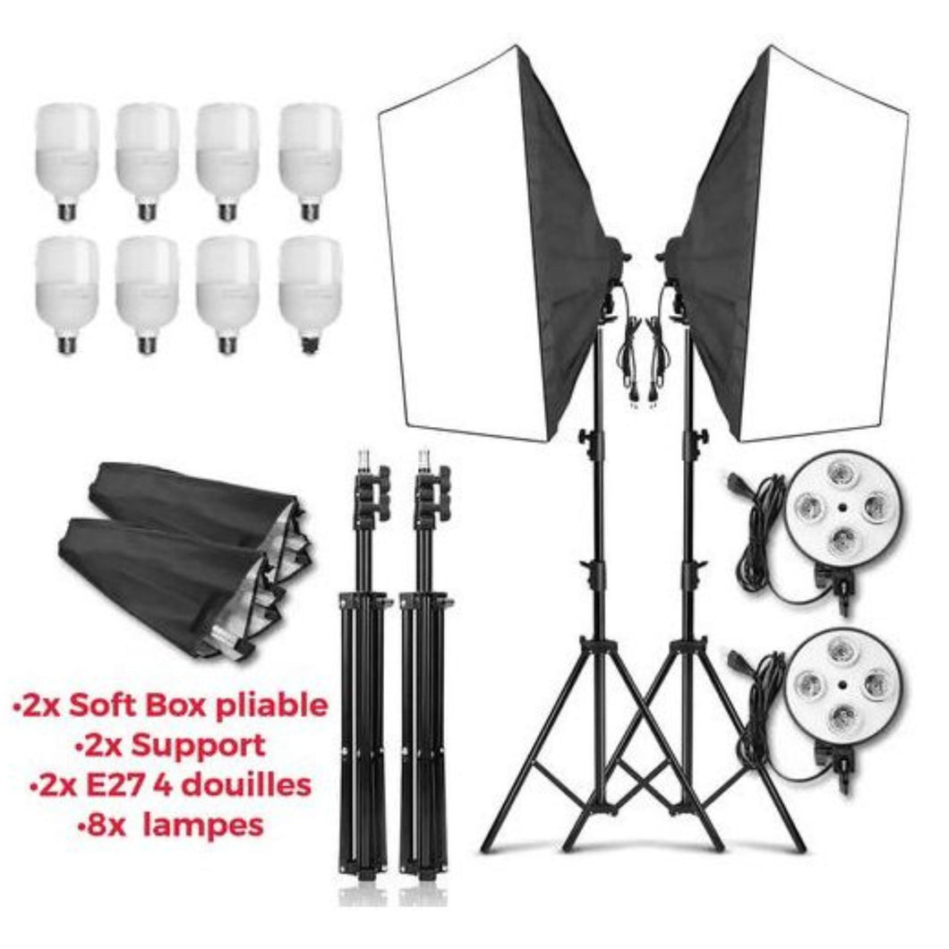 Puluz 2 Softbox 50x70cm ,8 lampes, 2 Tripied 200cm