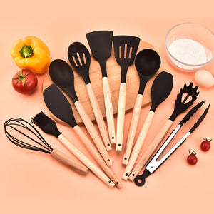 Kit de cuisine 12 pièces en silicone  أدوات المطبخ مصنوعة من السيليكون والخشب