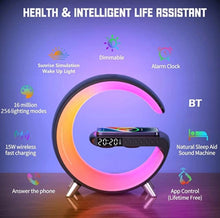 Charger l&#39;image dans la galerie, شاحن لاسلكي متعدد الوظائف 4 في 1 - اضاءة + مكبر صوت + ساعة رقمية + شاحن لاسلكي 15 واط متعددة الالوان
