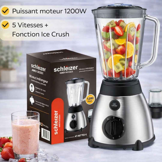 schlëizer خلاط 600 واط، 5 سرعات مع وظيفة تكسير الثلج، جرة زجاجية بسعة 1.5 لتر + مطحنة توابل