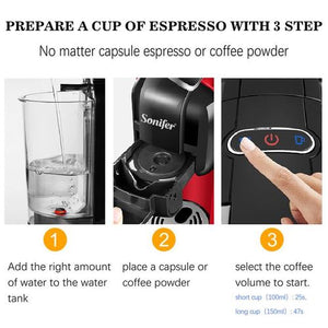 Sonifer Machine à café Ultime, 3 en 1, Capsules Nespresso, Dolce Gusto ET Café poudre